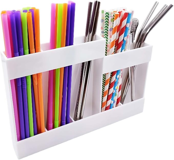White Adhesive Straw Organizer for Cabinet, 5-Section Kitchen Utensil Holder for Long & Short Straws, Spoons, Forks, Inside Door Mount Storage Stick on Refrigerator Microwave Sides Tiled Wall Surfaces