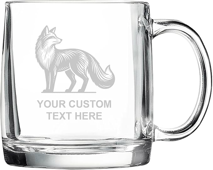 Fox, Personalized 12.5 oz Polar Camel Glass Coffee Desk Mug – Custom Laser Engraved Clear Cup for Tea, Espresso, Latte, Whiskey - Microwave Safe/Made in USA