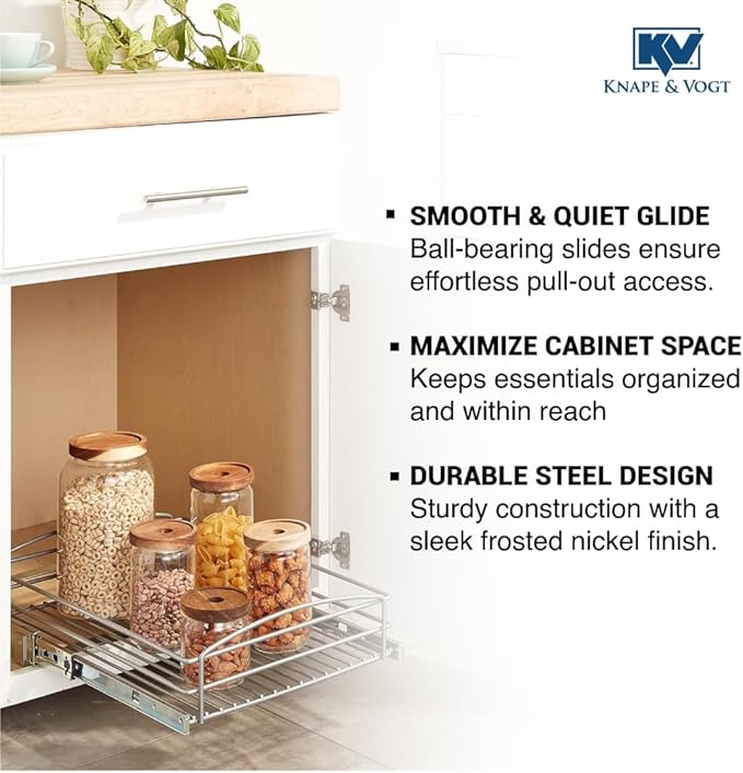 Knape & Vogt RS-MUB-14-FN 5 in. H x 15 in. W x 20 in. D Multi-Use Basket Silver Pull Out Cabinet Organizer, Frosted Nickel