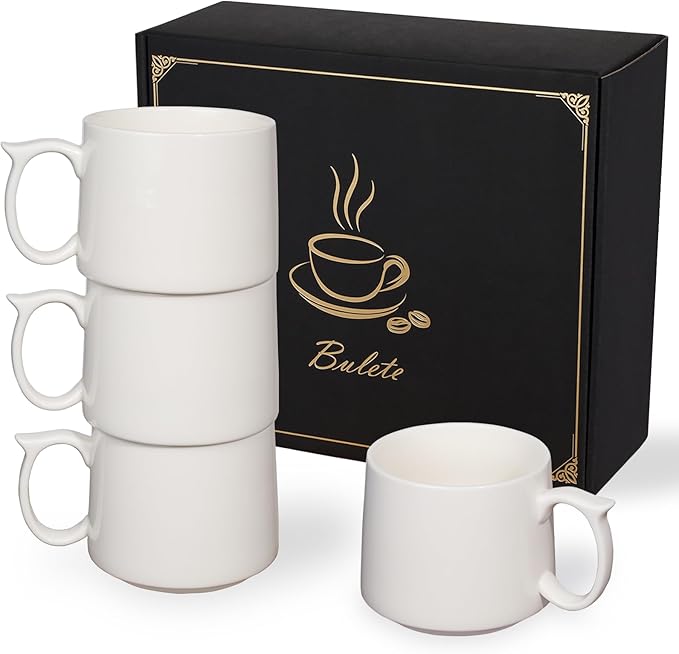 Coffee Mugs Gift Set of 4, Large 19 oz Stackable Ceramic Coffee Mug, Coffee Cups with Large Handle for Latte, Cappuccino, Milk, Dishwasher & Microwave Safe, Ideal Gift for Men, Women - White