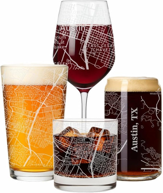 Blue Ridge Mountain Gifts - Austin Souvenir - Texas Glassware Gift, Etched City Map, Laser Engraved and Dishwasher Safe