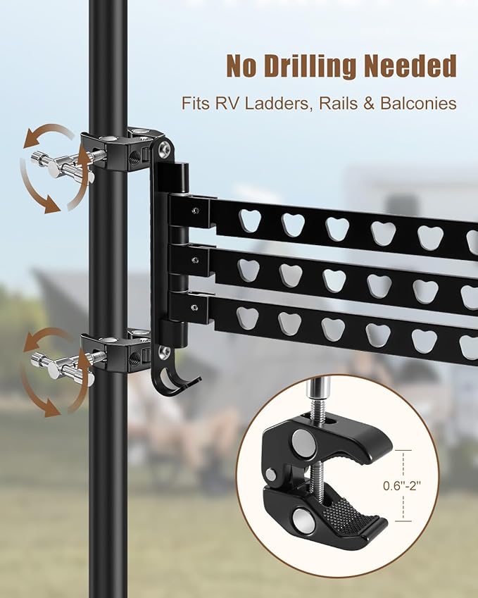 Aluminum RV Clothes Drying Rack 3 Swivel Arms, 180° Adjustable and 90° Fold-Up Storage, Rustproof No-Drilling Mount for Camper Trailer Boat Balcony Motorhome