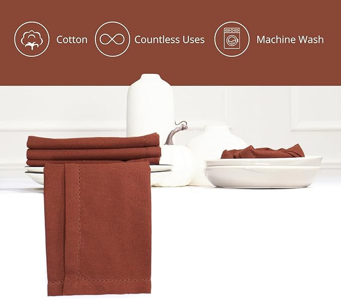 PurpleEssences Rust Set of 12 Hemstitch Cloth Dinner Napkins 100% Cotton - Soft Durable Washable - Ideal for Wedding Christmas Holiday Winter - Perfect Everyday Use Table Linen 18x18 - Rust