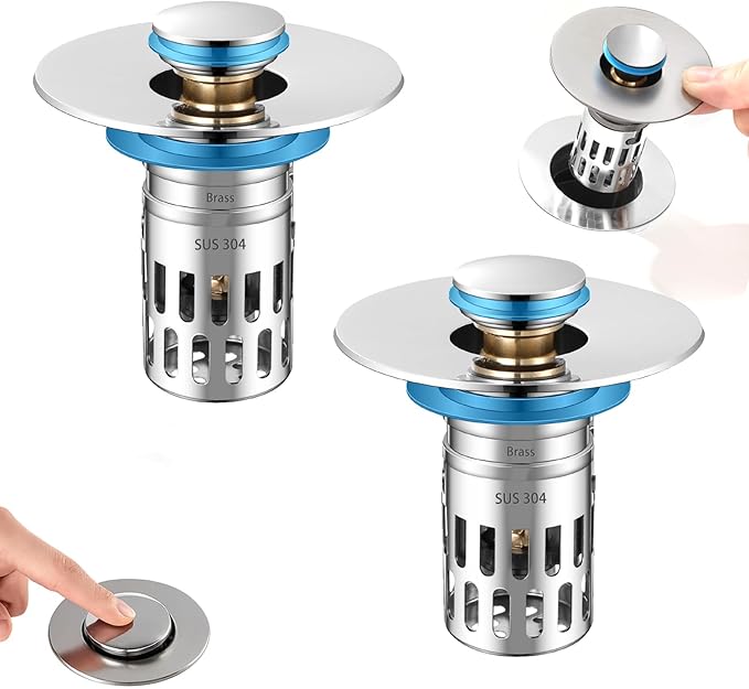 Universal Bathroom Sink Stopper Replacement,Pop Up Sink Drain Strainer Hair Catcher,Silent Copper Popper Core/Cover,Stainless Steel Filter Basket Fit 1.05~2.0'' (Silver Polished, 2 Pack)