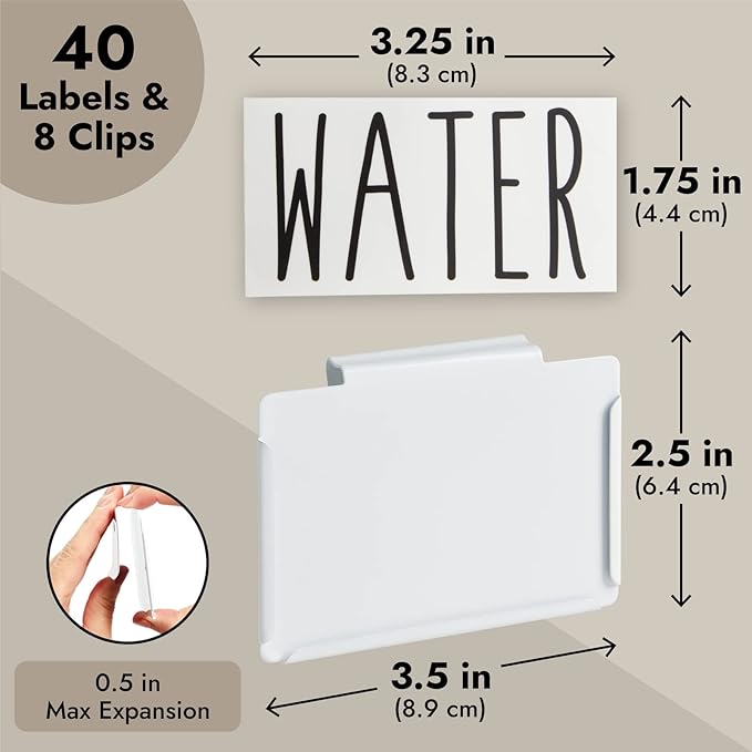 Talented Kitchen Storage Bin & Pantry Labels with Clip-On Holders - 3.5 x 2.5 in White Metal, 8 Clips & 40 Vinyl Tags - Kitchen Shelf Labels