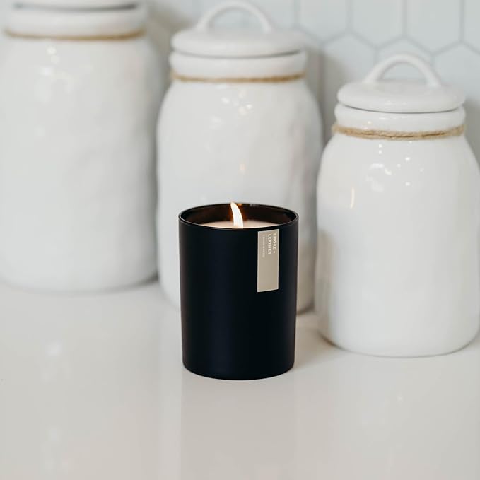 Calyan Wax Co. Smoke & Leather Scented Candle - 75 Hour Burn - Luxury Non Toxic Soy Wax Candles - Long Lasting Black Tumbler Jar Candle for Home - 10.2oz