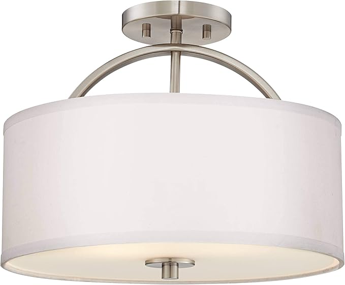 Possini Euro Design Halsted Modern Close to Ceiling Light Semi Flush Mount Fixture 15" Wide Brushed Nickel Silver White Linen Drum Shade for Bedroom Hallway Living Room Dining Room Bathroom Kitchen