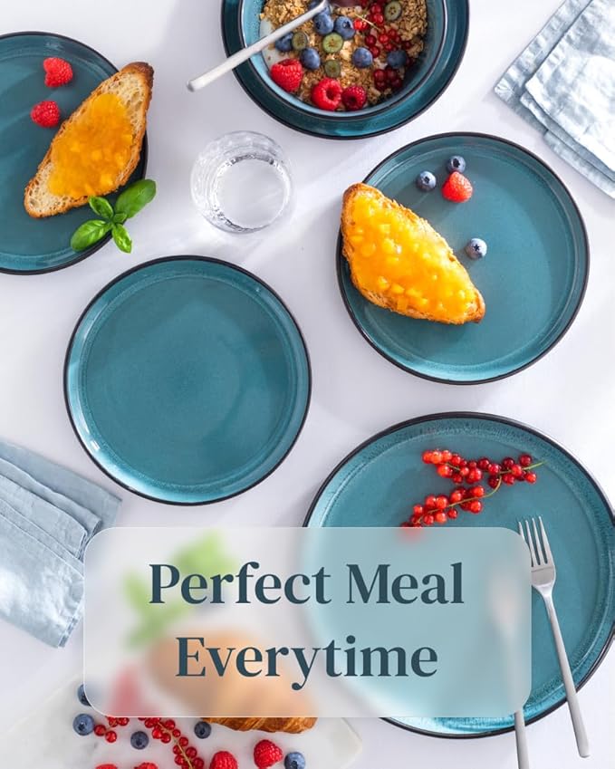16 Piece Dinnerware Sets for 4 - Modern Style Stoneware Dinnerware Set - Scratch Resistant, Dishwasher Safe Plates and Bowls Sets Ceramic, Dish Set, Bowl and Plate Set - Black and Petrol Blue…