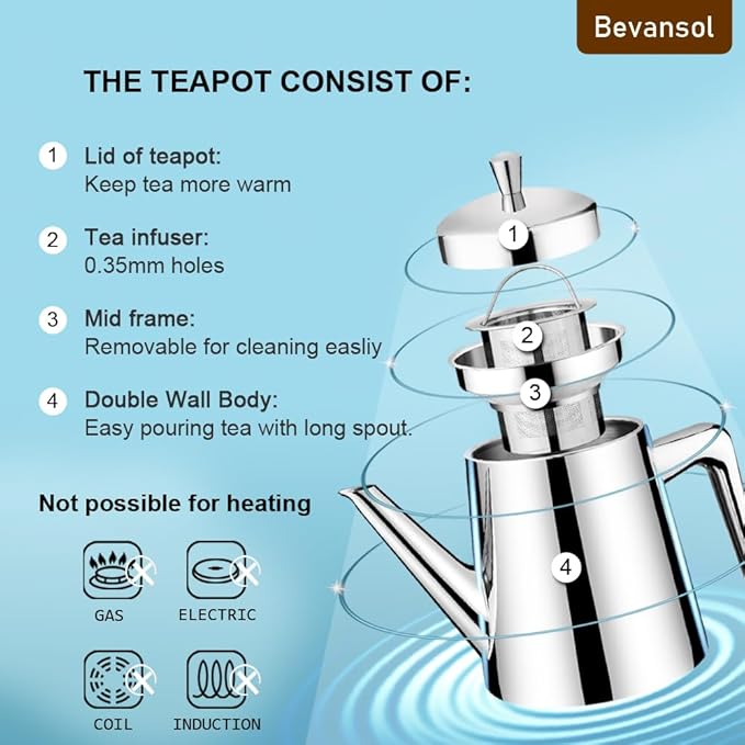 304 Stainless Steel Double-walled Teapot Long Strain Large Capacity Teapot with Infuser and Removable Filter for Home Restaurant Office Dinnerware Accessories Drinkware Item