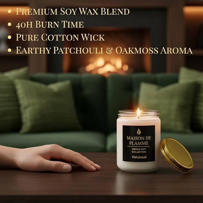Patchouli Odor-Eliminating Scented Candle, 200g/7oz White Jar – Long-Lasting Soy Wax Blend Candle for Smoke, Kitchen & Home Odors