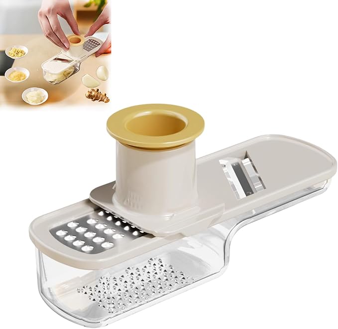 Multifunctional Garlic Grinder, 3 in 1 Mini Garlic Slicer Super Thin with Hand Guard, Vegetable Garlics Ginger Grind, Slice and Shred Mandoline Cutter with Container for Kitchen Tool (White)