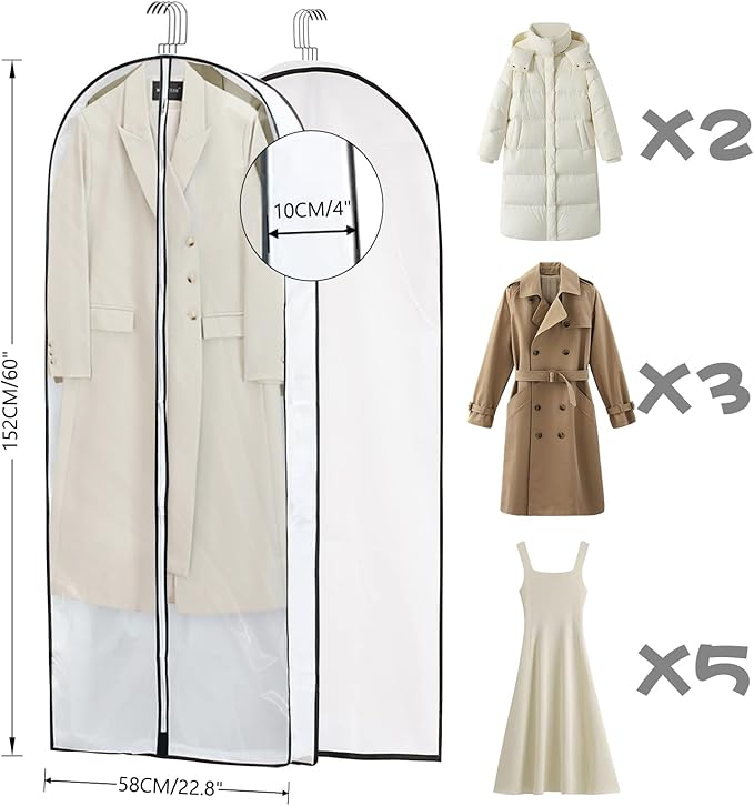 3 Pack 60" Long Plastic Garment Bags for Hanging Clothes, 4" Gusseted Clear Covers for Closet Storage Travel, Foldable Protector for Dress Shirt Gown Coat Suit Down Jacket