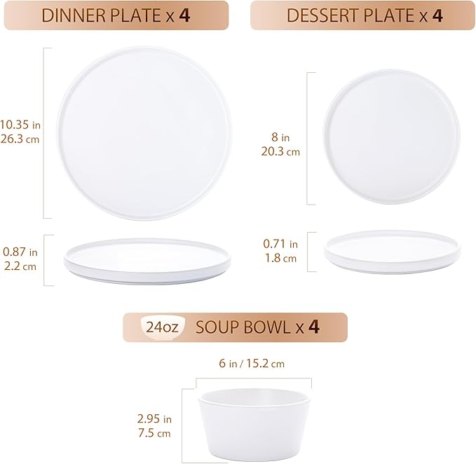 Dinnerware Sets for 4 - CJDC-QUELO 12-Piece Stoneware Plates and Bowls Sets, Ceramic Dishware Sets for Kitchen Use and Formal Dining, Chip and Scratch Resistant Microwave Dishwasher Safe, White