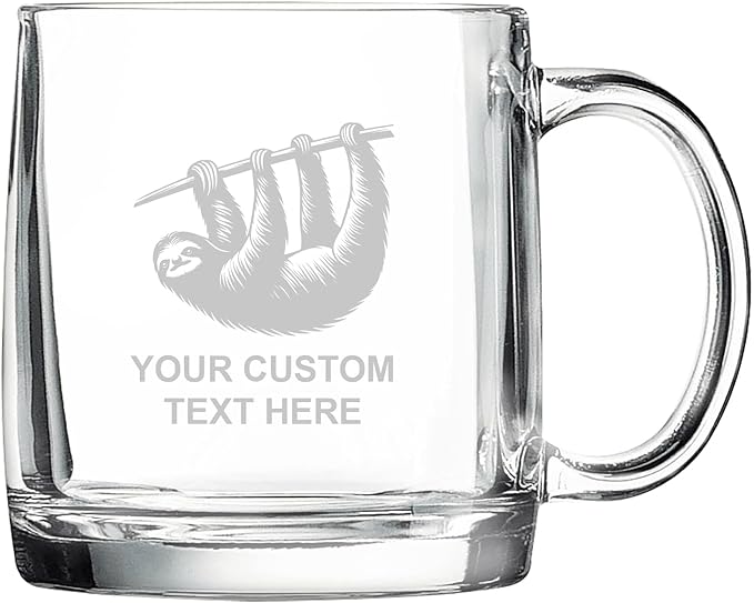 Sloth, Personalized 12.5 oz Polar Camel Glass Coffee Desk Mug – Custom Laser Engraved Clear Cup for Tea, Espresso, Latte, Whiskey - Microwave Safe/Made in USA