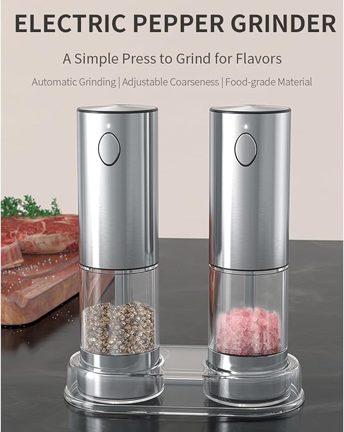 RECHARGEABLE - Electric Pepper and Salt Grinder Set, Adjustable Coarseness, With LED Light, One Hand Automatic Operation (A/Silver)