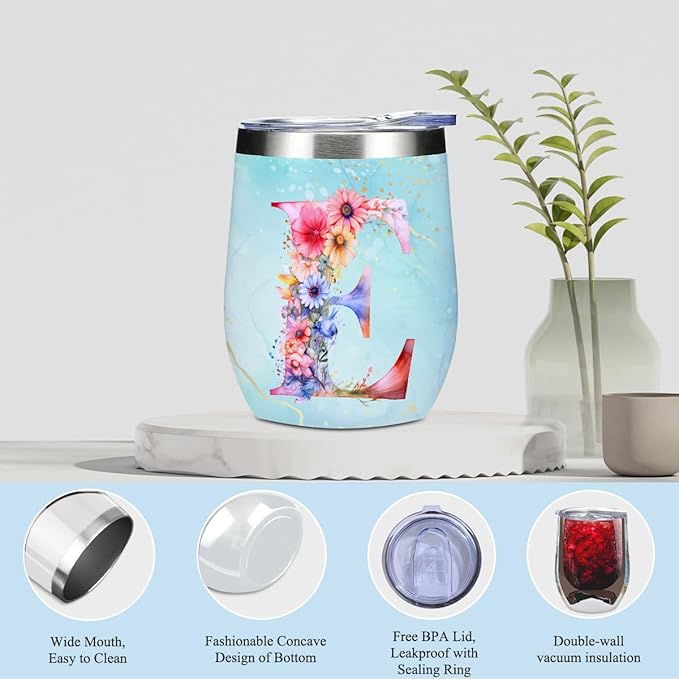 Personalized Gifts Monogrammed Birthday Gifts for Women, Daughter Bestie Friendship Christmas Halloween Initial Wine Tumbler Makeup Bag Scented Candle Bracelet Set, (Aesthetic Blue Flower E)