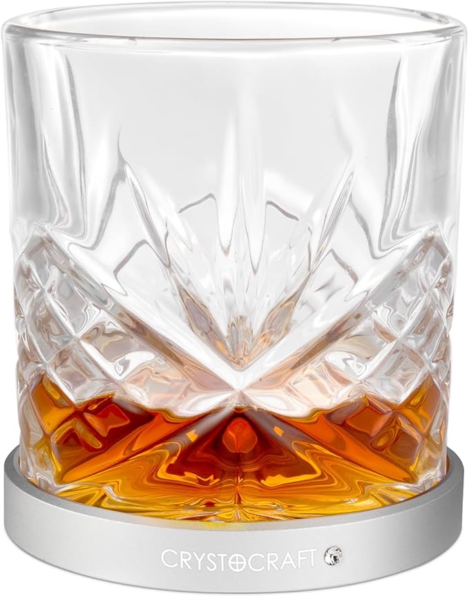 Crystocraft Whiskey Glass with Rotating Aluminum Coaster, Spinning Cocktail Glass, Old Fashioned Drinking Glassware for Bars, Restaurants, Party, Home, Gift for Father Birthday Christmas