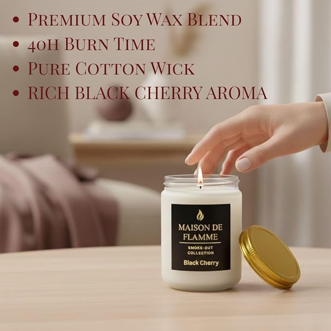 Black Cherry Odor-Eliminating Scented Candle, 200g/7oz White Jar – Long-Lasting Soy Wax Blend Candle for Smoke, Kitchen & Home Odors