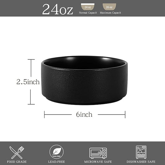 Stoneware Cereal Bowls Set of 4, 6 Inch Deep Bowl for Oatmeal, Soup, Ceramic Bowls Sets, Microwave Safe, Dishwasher Safe, Versatile for All Seasons, Matte Black