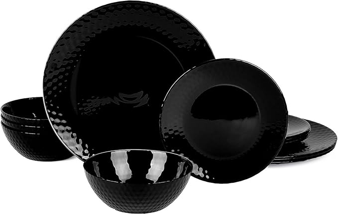 Dinnerware Sets for 4, Light & Durable 12 Pieces Opal Glass Plates and Bowls Set, Dishwasher and Microwave Safe Ribbed Dish Dinning Ware, Thin but Strong Geometric Faceted Black
