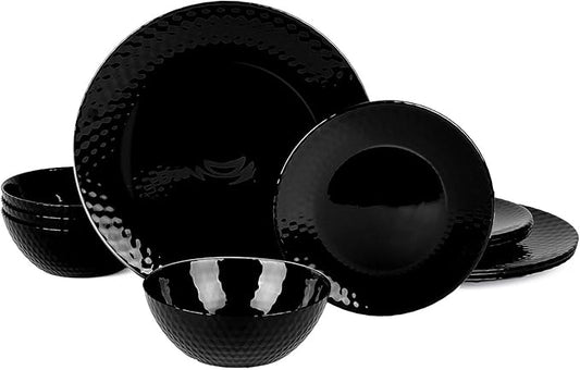 Dinnerware Sets for 4, Light & Durable 12 Pieces Opal Glass Plates and Bowls Set, Dishwasher and Microwave Safe Ribbed Dish Dinning Ware, Thin but Strong Geometric Faceted Black