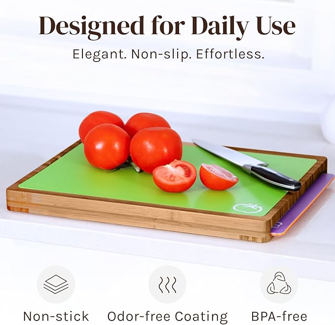 Cutting Boards for Kitchen – Checkered Bamboo Cutting Board Set with 6 Color-Coded Flexible Chopping Mats, Easy Clean Wood and Dishwasher-Safe Plastic, Large 17×12, Knife-Friendly by Cooler Kitchen