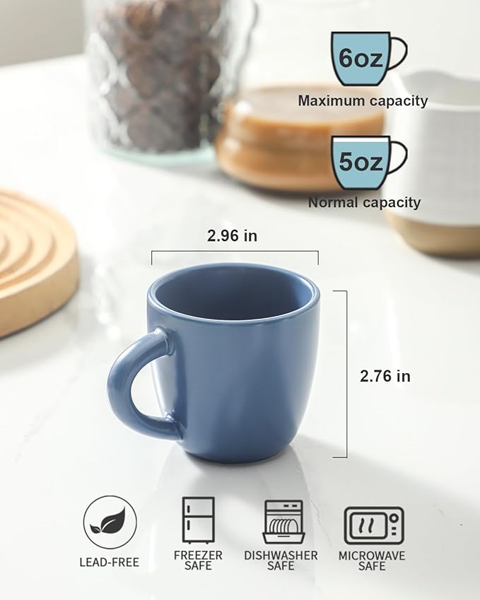 HASENSE Espresso Cups Set of 4 Perfect for Demitasse, Cappuccino, Tea Bag and Juice, 5 Ounce Ceramic Stackable Mini Coffee Mugs Suit for Espresso Machine and Coffee Maker, Blue