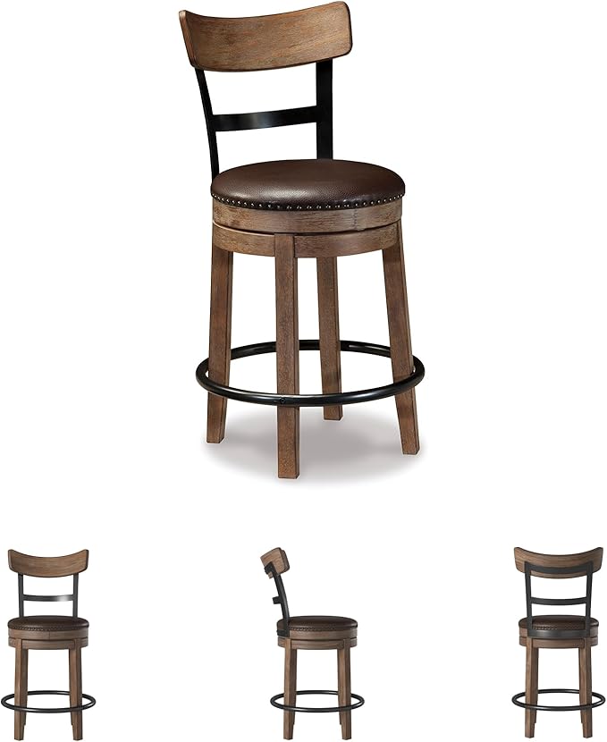 Signature Design by Ashley Pinnadel |24.25" Counter-Height Swivel Bar Stool – Modern Farmhouse, Faux Leather, 360° Swivel, Nailhead Trim, Rustic Light Brown