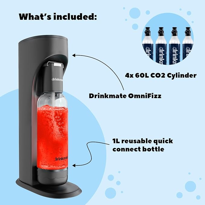 Drinkmate OmniFizz Sparkling Beverage Maker CO2 Bundle - Sparkling Water/Soda Streaming Machine That Carbonates Any Drink - Includes 4 CO2 Cylinders, 1 Carbonation Bottle, 1 Fizz Infuser - Arctic Blue