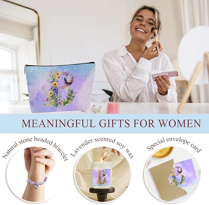Personalized Gifts Monogrammed Birthday Gifts for Women, Sister Cowerker Mom Boss Day Christmas Appreciation Initial Wine Tumbler Makeup Bag Scented Candle Bracelet Set, (Aesthetic Purple Flower B)