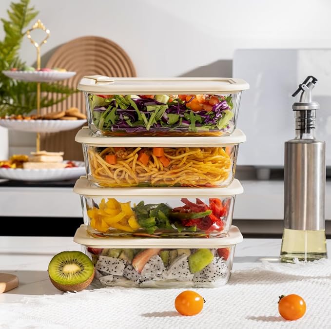 Urban Green Glass Food Storage Containers with Glass Lids, Microwave Safe Food Container Set, Airtight Food Container Set, LeakProof, 100% Plastic Free, White Color, 4pack