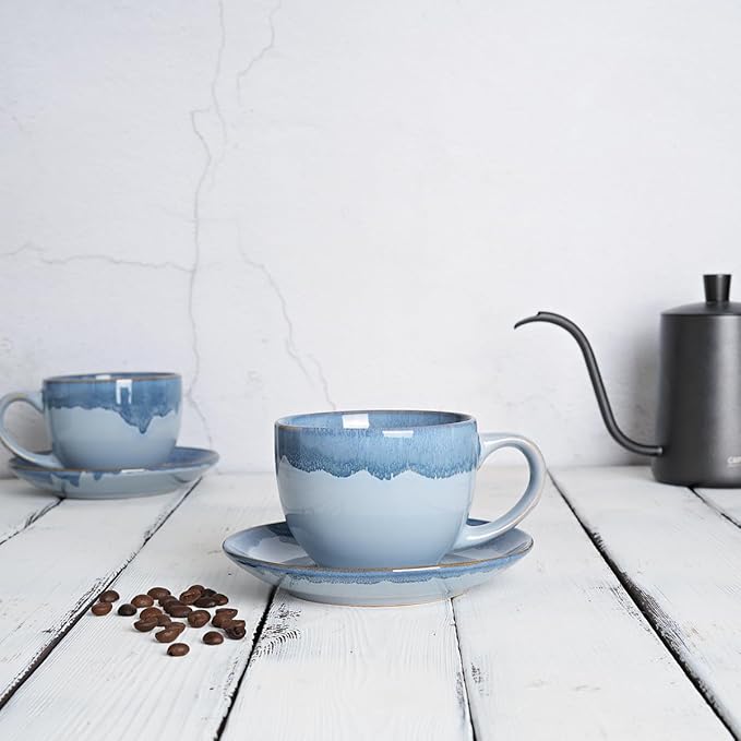 Bosmarlin Ceramic Cappuccino Cup and Saucer Set of 2, 10 Oz, Coffee Cups for Latte, Espresso, Tea, Dishwasher and Microwave Safe, Reavtive Glaze (Blue)