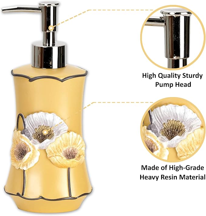 Zahari Home 4pc Poppy Fields Yellow Bathroom Accessories Set Hand Soap Dispenser, Tumbler, Tooth Brush Holder and Soap Dish Modern Contemporary Decor Complete Bathroom Sets with Shower Curtains