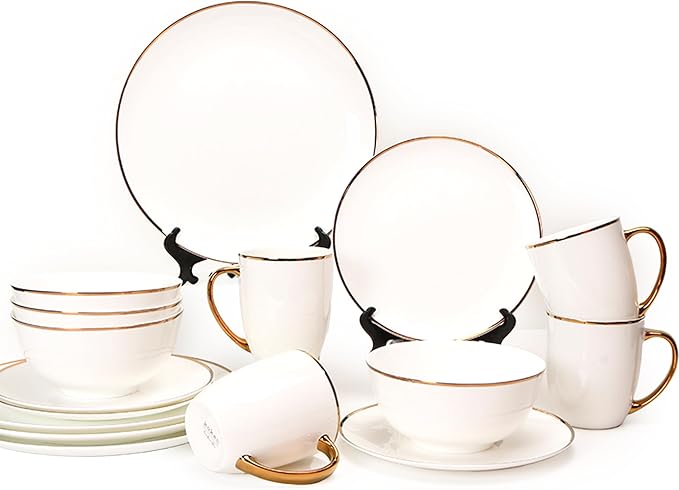 Bone China Dinnerware Set for 4, 16 Pc Round Dinner Set with Mugs - Porcelain and Microwave Safe - KOKEN
