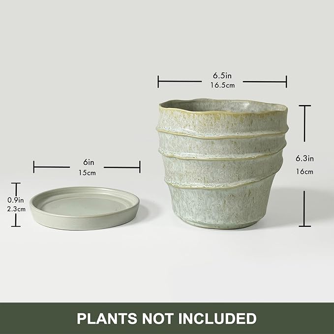Medium Pots for Plants, 6in Plant Pots with Drainage & Saucer, Ceramic Flower Pots for Indoor Plants, Light Green