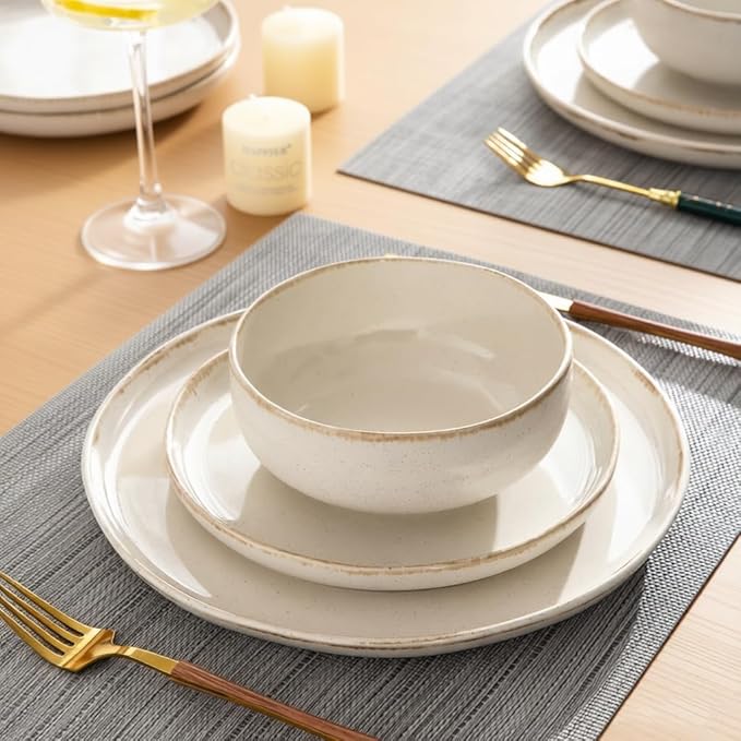 AmorArc Ceramic Dinnerware Sets, Wavy Rim Stoneware Plates and Bowls Sets, Highly Chip and Crack Resistant | Dishwasher & Microwave Dishes set, Service for 4 (12pc)-Speckled Cappuccino