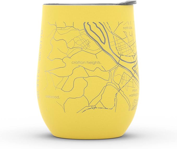 Well Told Engraved Pittsburgh Pennsylvania Map Insulated Wine Tumbler, Etched Stainless Steel Cup (12 oz, Sunrise Yellow) City Map Insulated Tumbler, Custom Insulated Tumbler, Outdoor Drinkware