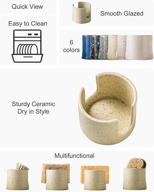 Sponge Holder for Kitchen Sink, Ceramic Dish Sponge Holder Sink Caddy Compact Scrubby Daddy Kitchen Organizer Dish Rcak for Sponges, Scrubbers, Yellow