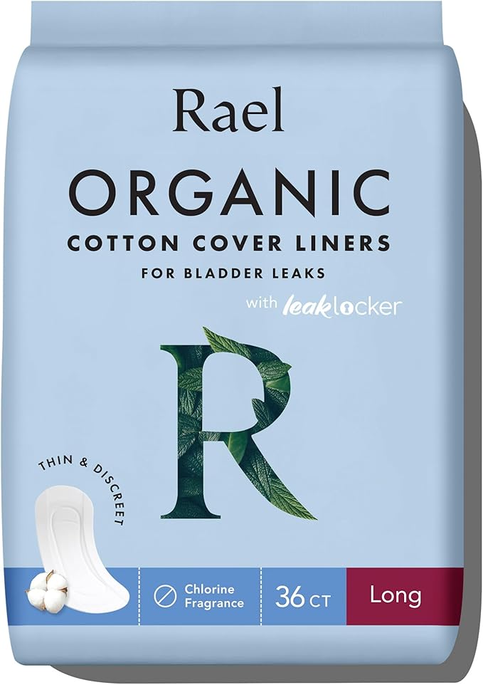 Rael Incontinence Liners for Women, Organic Cotton Cover, Postpartum Essential, Moderate Absorbency, Bladder Control, 4-Layer Core with Leak Guard Technology (Long, 36 Count)