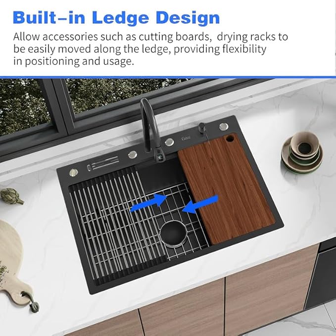 33''x22'' Kitchen Sink with Digital Display, Nano Slidable Kitchen Sinks with Knife Holder & Faucet Combo Set, Drop-in Stainless Steel Single Bowl Workstation Sink with Accessories, Black