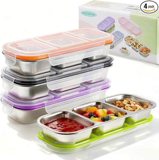 4 Pack Stainless Steel Snack Containers with Lids, 3-Compartments Reusable Lunch Box for Adults, Food Storage Containers Divided Meal Prep Box for Home, Work, Travel