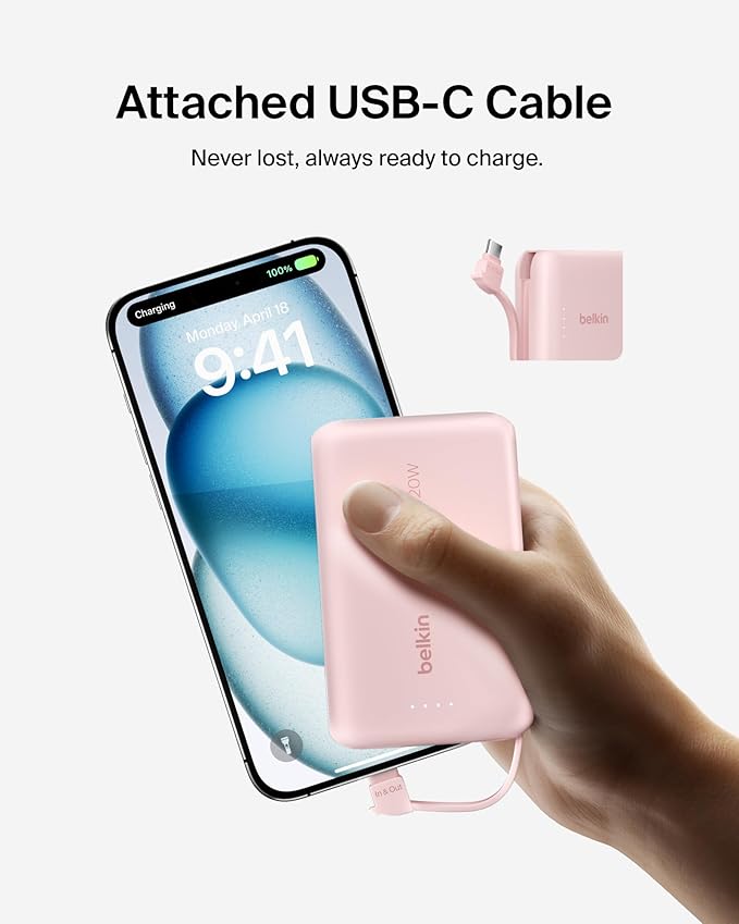 Belkin Portable Charger, Power Bank with Integrated Cable 10000 mAh 20W - Fast Charge USB C Power Delivery - iPhone 17, Air, Pro, Pro Max, iPad, AirPods, Apple Watch, Galaxy S25, & More - Pink