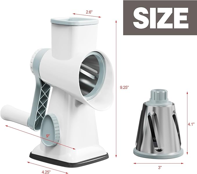 Cheese Grater Cheese Shredder with 3 Interchangeable Blades, Rotary Cheese Grater Manual Vegetable Slicer with Non-slip Suction Base Peanut Nuts Grinder Vegetable Shredder White