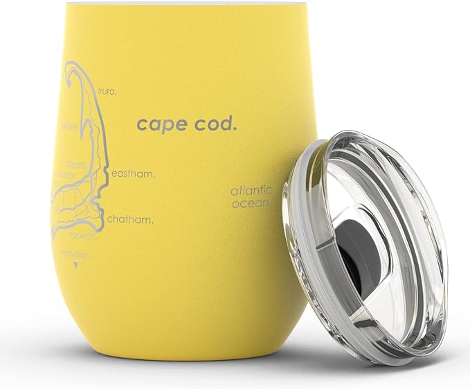 Well Told Engraved Cape Cod Massachusetts Map Insulated Wine Tumbler, Etched Stainless Steel Cup (12 oz, Sunrise Yellow) City Map Insulated Tumbler, Custom Insulated Tumbler, Outdoor Drinkware
