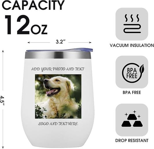48 Pack Personalized Wine Tumbler,12oz Custom Stainless Steel Coffee Mug,Tumblers with Lids,Customizable with Picture and Names Engraving,Suitable for Woman,Men,Families and Travel