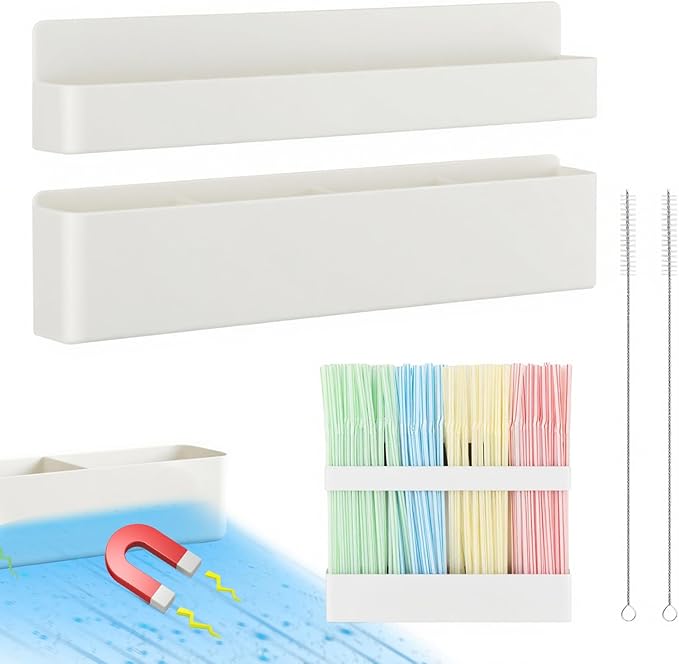 Magnetic Straw Holder – Detachable, Fits All Straws, Prevents Water Buildup (Cabinet/Fridge Use), Sticks to Metal Surfaces – Dividers for No Mess, Dry Straw Storage (White, Large)