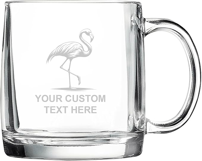 Flamingo, Personalized 12.5 oz Polar Camel Glass Coffee Desk Mug – Custom Laser Engraved Clear Cup for Tea, Espresso, Latte, Whiskey - Microwave Safe/Made in USA