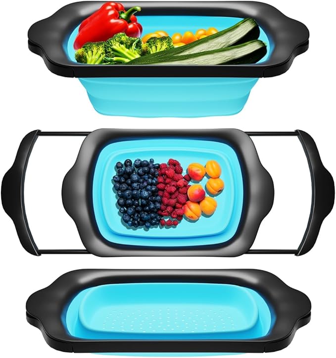 XL Large Kitchen Strainer by Comfify - Collapsible Silicone Over - The-Sink Colander with Extendable Handles - Use with Pasta, Fruit, Berries & Veggie - 6 Quart - Blue