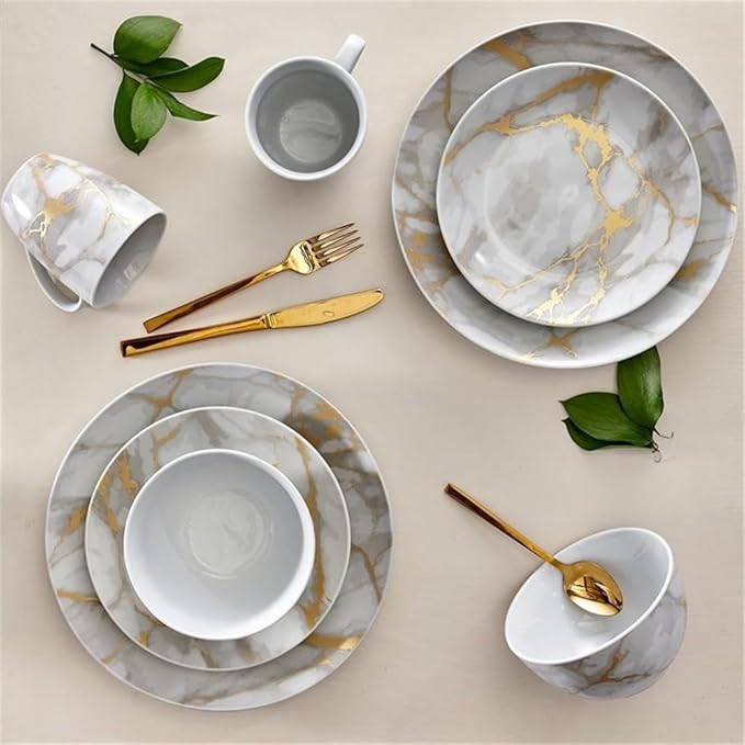 Pemberly Row Contemporary Porcelain Dinnerset 16 Piece in Gold Marble