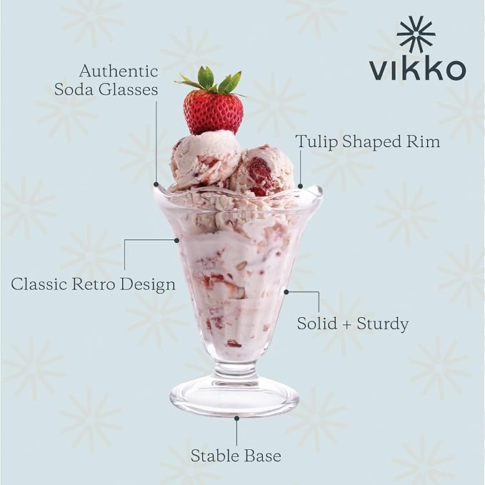 Vikko Glass Dessert Cups, Set of 12 Footed Ice Cream Bowls, 7.5 Ounce Milkshake Glasses, Thick and Durable Parfait Sundae Cups